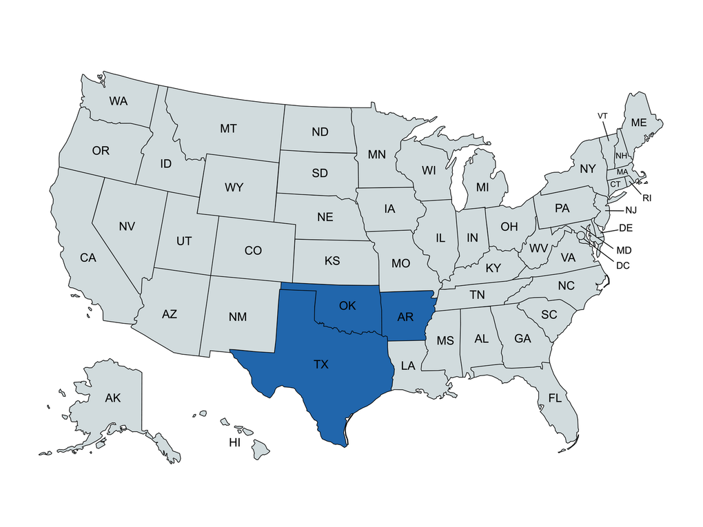 A map of the united states with texas highlighted in blue