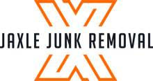 The logo for jaxle junk removal shows a truck with a dumpster attached to it.