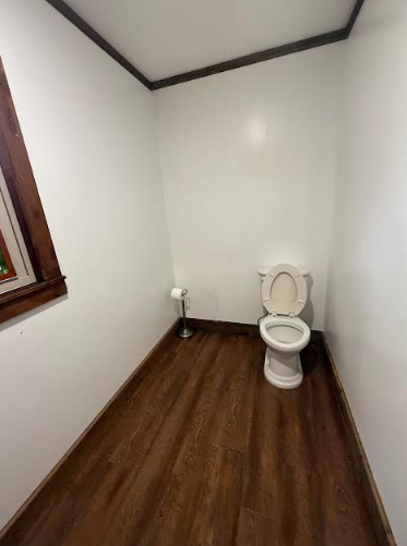 Small bathroom with white walls, brown wood-look floor, toilet, and window.