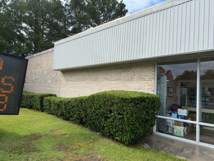 Building with brick wall, trimmed hedges, and a window.