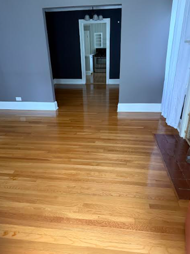 Hardwood floor, gray walls, open doorway to another room, natural light.