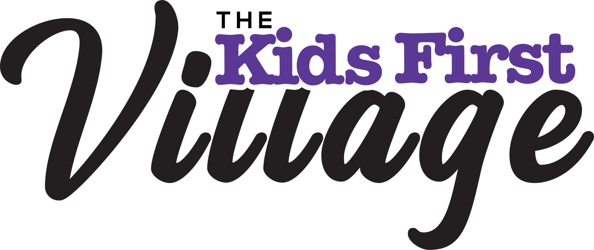 The kids first village logo is black and purple on a white background.