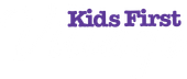 A purple logo for kids first on a white background.