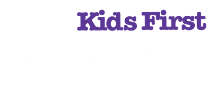 A purple logo for kids first on a white background.