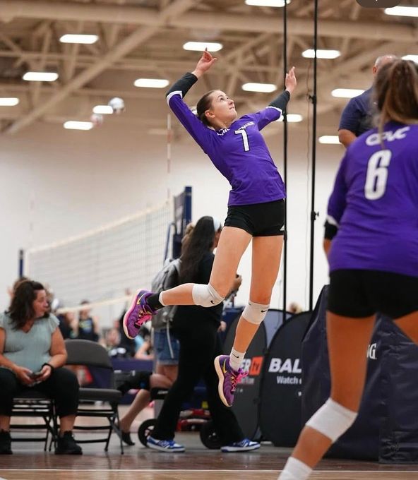 A volleyball player wearing a purple jersey with the number 6 on it