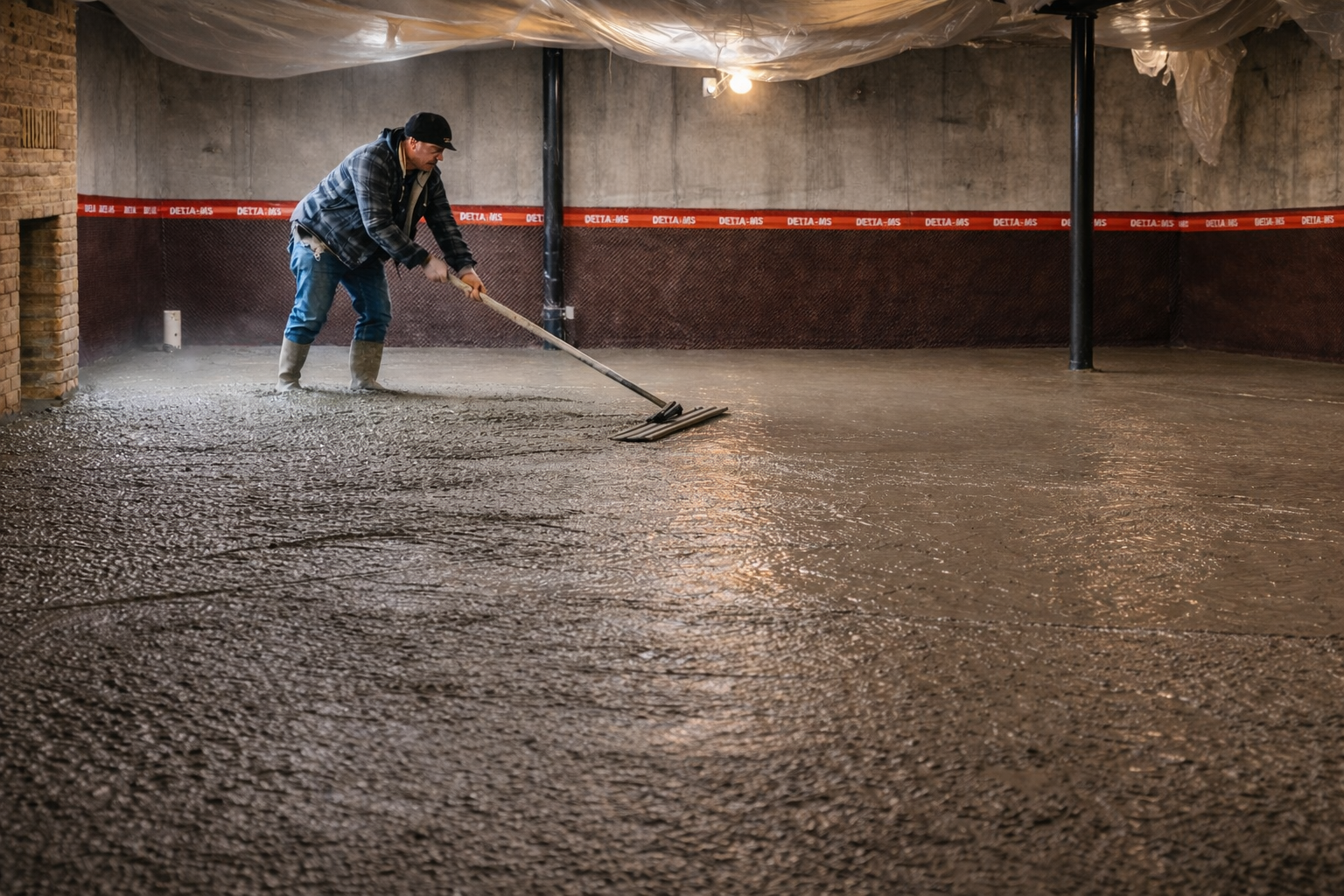 Une personne portant une chemise à carreaux et des bottes utilise un râteau pour lisser le béton humide sur le sol d'un sous-sol.