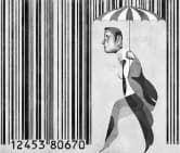 Personne marchant sous un parapluie face à une pluie de codes-barres.