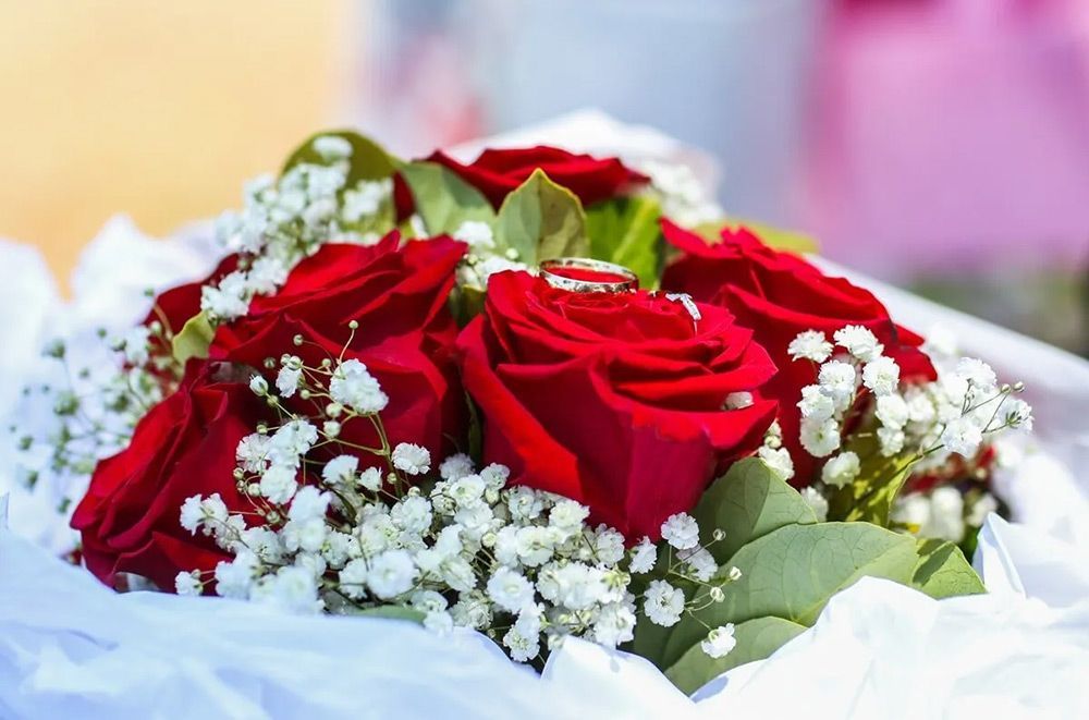 A Bouquet of Red Roses With Baby 's Breath and Wedding Rings — GinaS Cairns Tropical Weddings in Parramatta Park, QLD