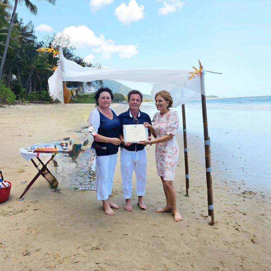 Three People Standing on a Beach Holding a Certificate — GinaS Cairns Tropical Weddings in Parramatta Park, QLD