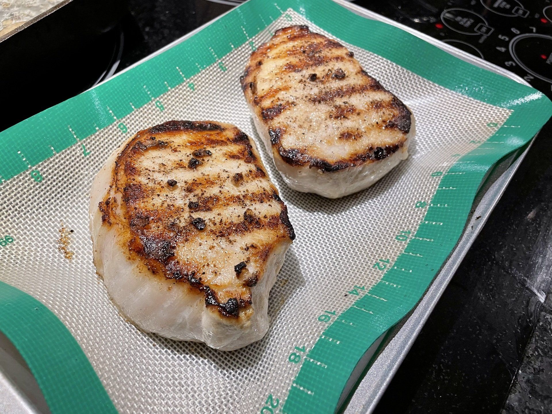 Grilled Pork Chops w Cherry Peppers, Onions, Balsamic Vinegar