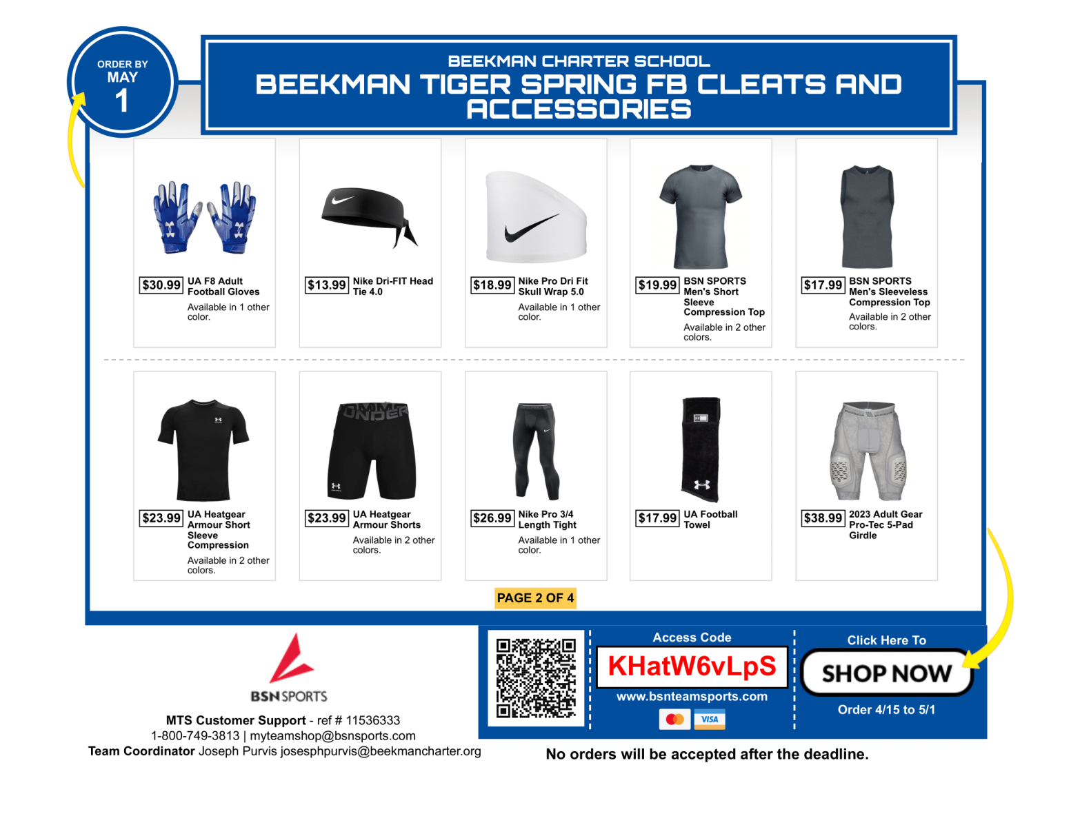 A flyer for beckman tiger spring fd cleats and accessories