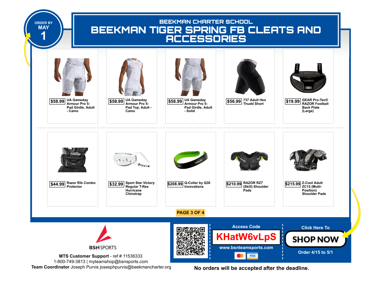 A flyer for beckman tiger spring fd cleats and accessories