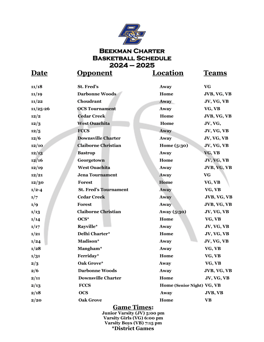 A basketball schedule for the redman charter basketball school