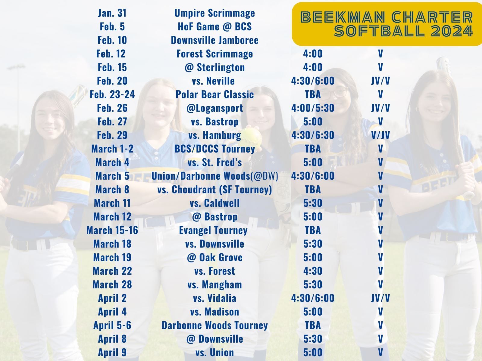 A schedule for a softball game in 2024