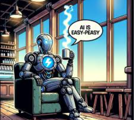 A robot is sitting in a chair holding a cup of coffee.