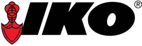 A black and red logo for iko with a red shield on a white background.