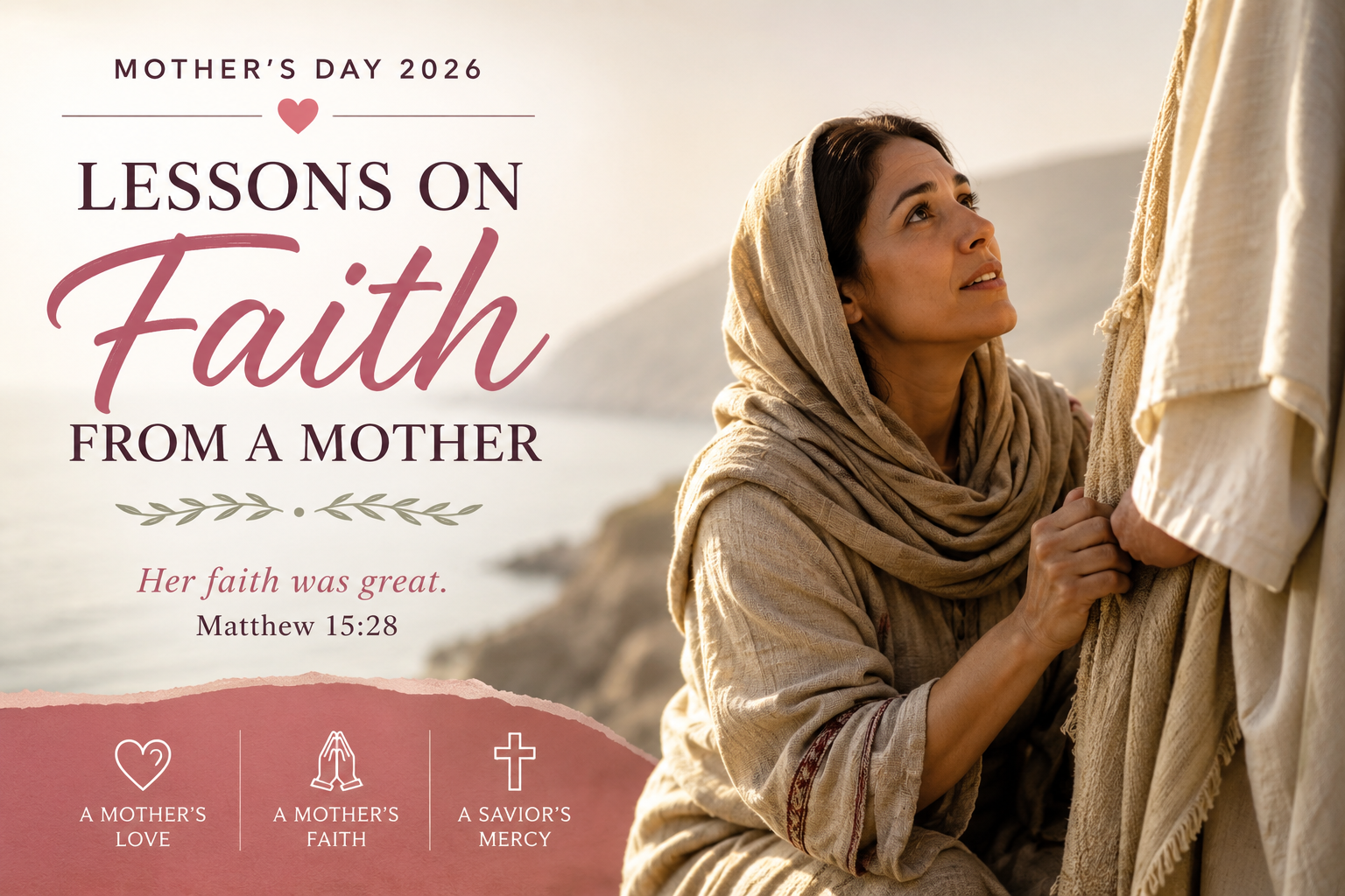 Woman in a beige shawl looking up beside text: “Lessons on Faith from a Mother”