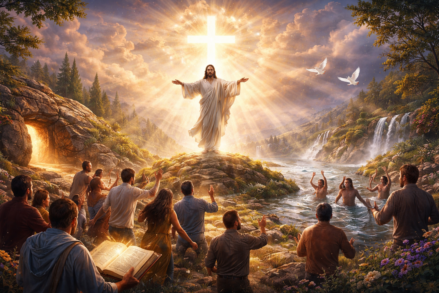 Jesus stands with arms open, glowing cross above, surrounded by followers, bathed in light.