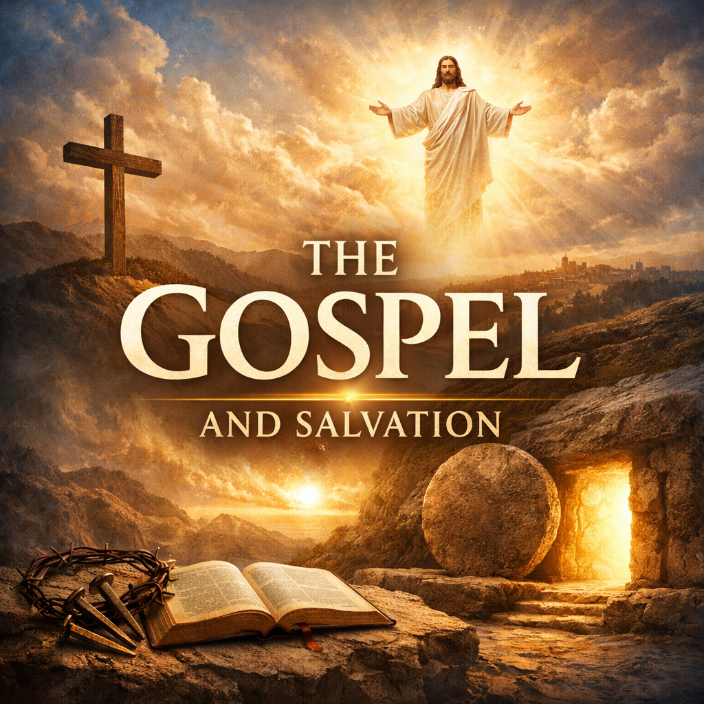 Jesus in white robes with outstretched arms, above a cross, tomb, and book.