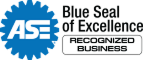 Blue ASE Seal of Excellence logo, featuring blue gear-shaped border with 