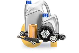 Motor oil containers and various car parts like a filter and suspension components. | Re-Born Automotive, Inc.