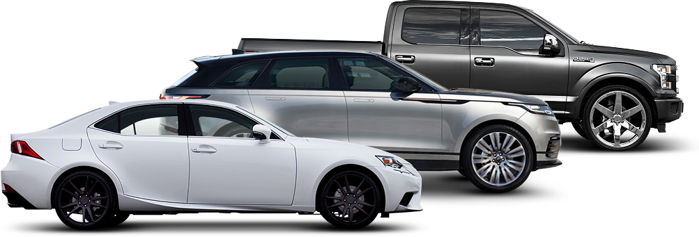 Three vehicles lined up: a white sedan, a silver SUV, and a gray pickup truck. They are all side profile. | Re-Born Automotive, Inc.