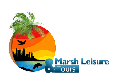 A logo for marsh leisure & tours with a palm tree