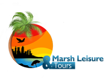 A logo for marsh leisure & tours with a palm tree