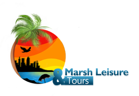A logo for marsh leisure & tours with a palm tree