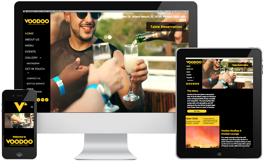A voodoo website is displayed on a computer , tablet , and phone.