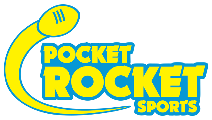 Logo for Pocket Rocket Sports: Yellow football in a curve, blue text on white.