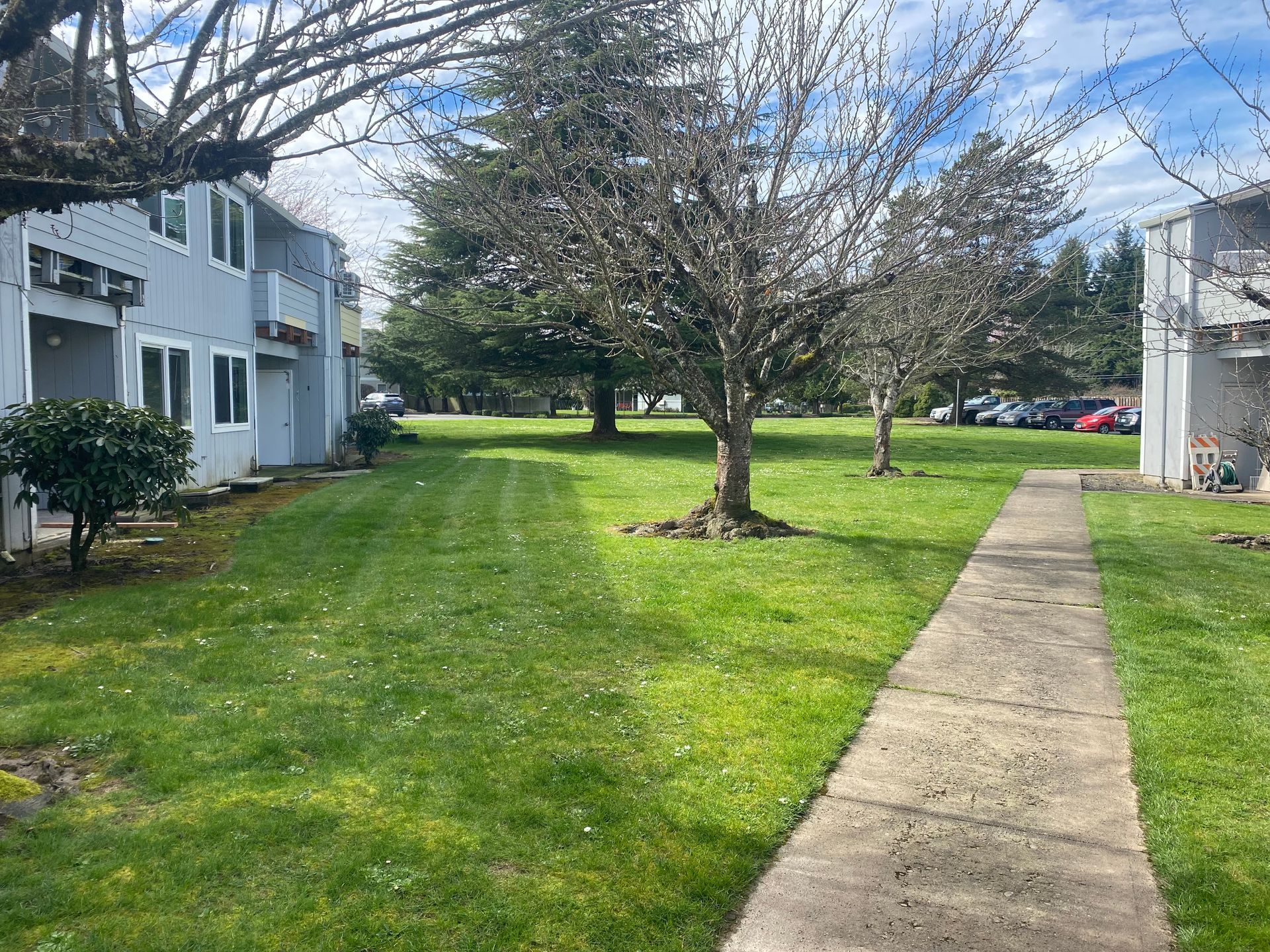 A paved walkway leads through a grassy residential courtyard between two gray apartment buildings under a blue sky.