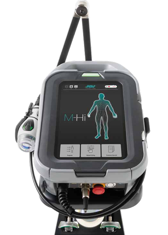 Portable medical monitor with touchscreen displaying a human silhouette and controls, mounted on a stand.