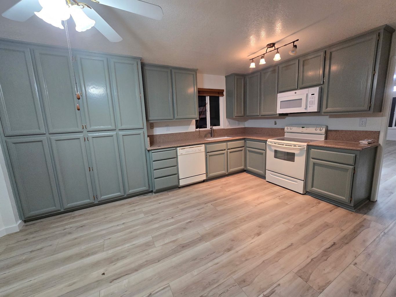 Kitchen with gray cabinetry, light wood floors, and a white stove, microwave, and dishwasher.