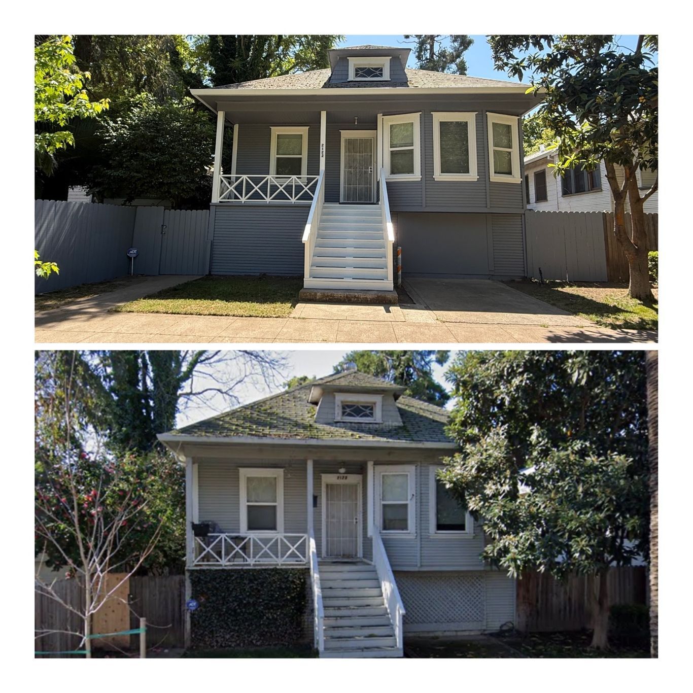 A split-screen comparison of a single-story grey house before and after exterior painting and landscaping renovations.