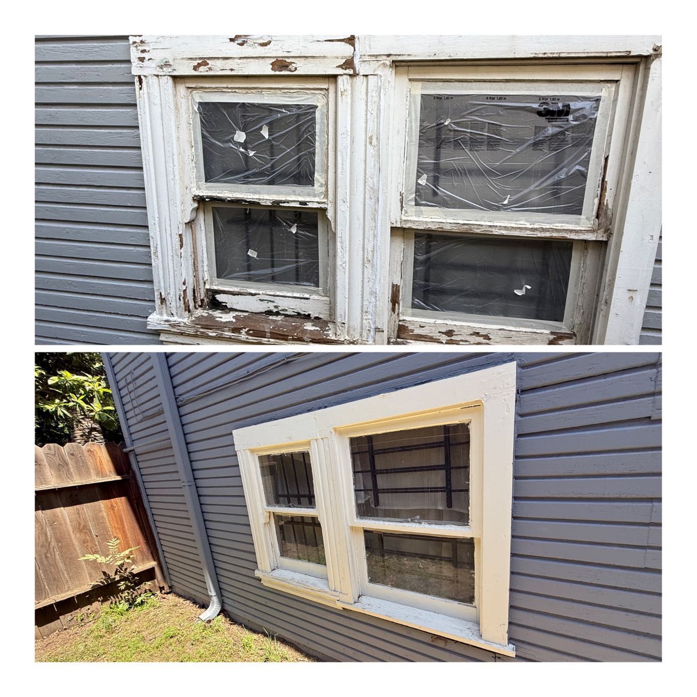 Before-and-after view of a weathered, damaged house window replaced with a freshly painted, restored wooden window.