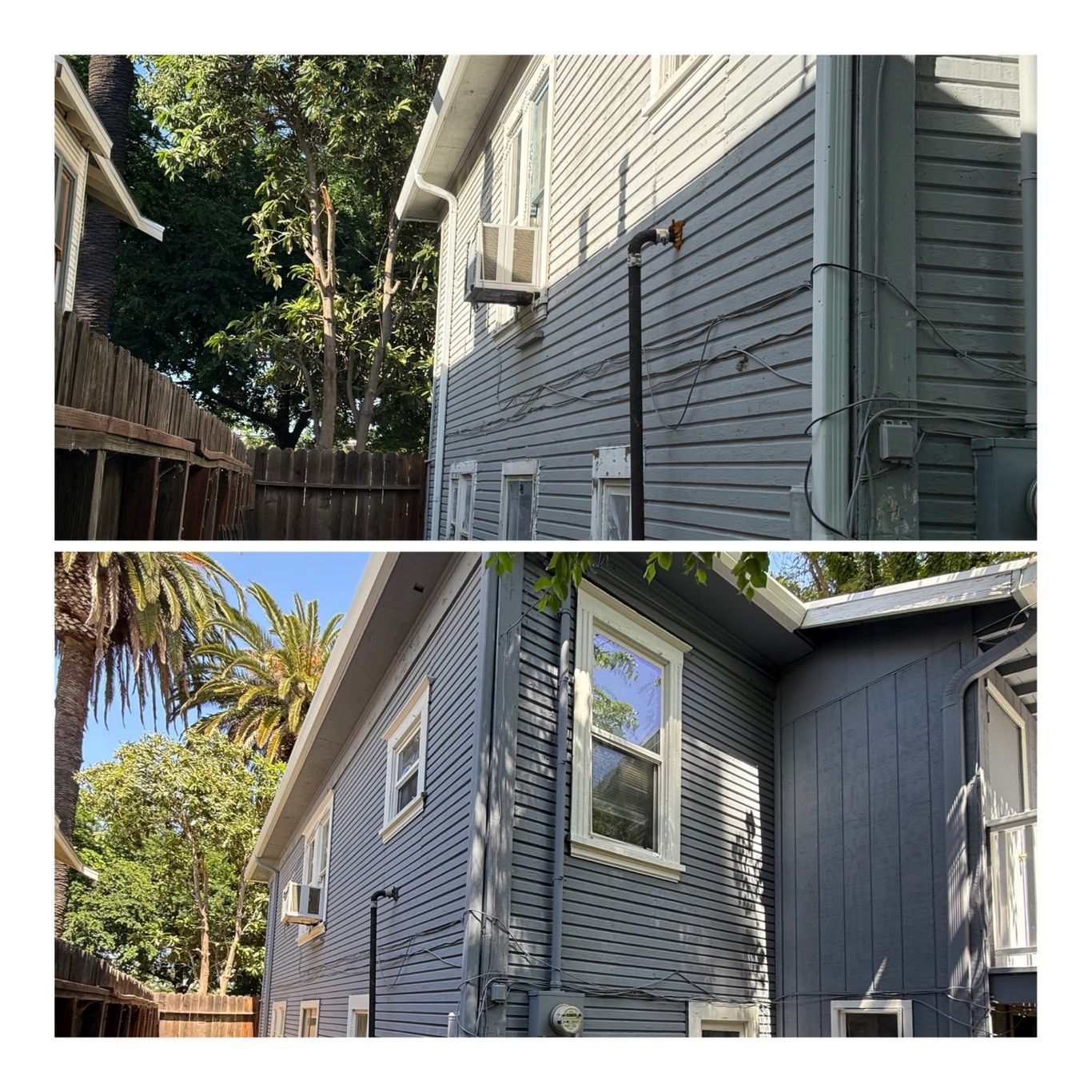 Two before-and-after photos showing a blue wooden house exterior being cleaned and repainted.