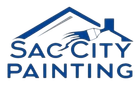 Blue logo for Sac City Painting featuring a house roofline and a paintbrush applying a stroke of paint.
