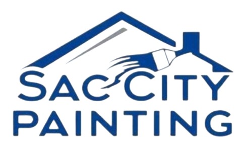 Blue logo for Sac City Painting featuring a house roofline and a paintbrush applying a stroke of paint.