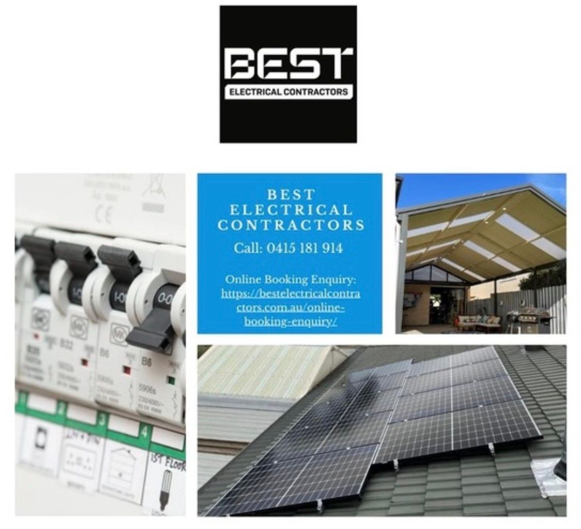 Logo for Best Electrical Contractors with images of electrical panels, solar panels, and a covered patio.