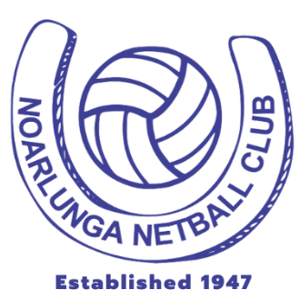 Logo for Noarlunga Netball Club. A netball ball sits within a horseshoe, with the club name and "Established 1947".
