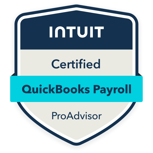 A badge that says ' intuit certified quickbooks payroll proadvisor ' on it
