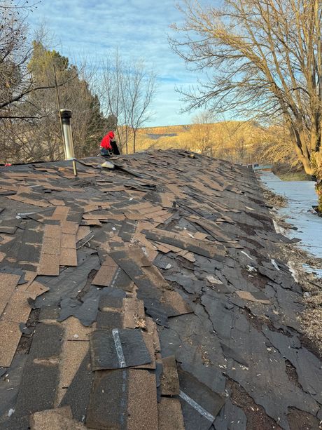 A man is sitting on top of a roof that is covered in shingles.