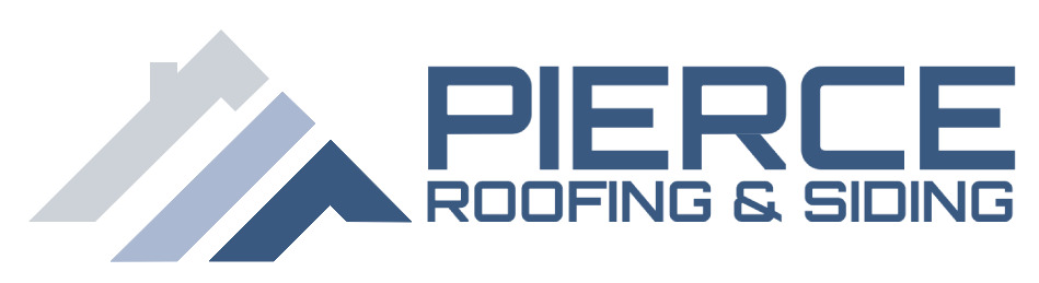 A logo for pierce roofing and siding with a house in the background