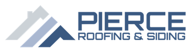 A logo for pierce roofing and siding with a house in the background