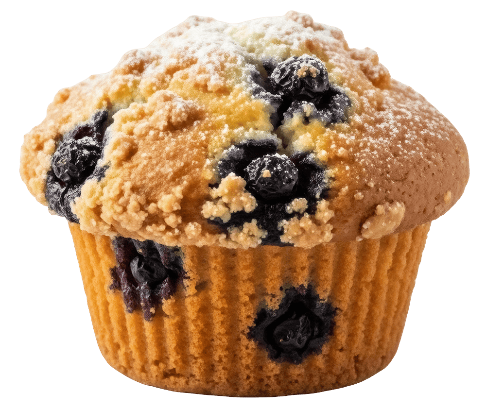 A single blueberry muffin with a crumb topping and a dusting of powdered sugar, set against a plain white background.