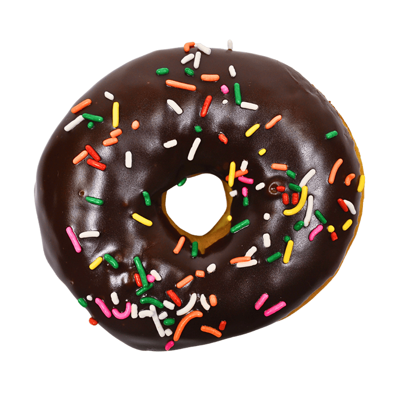 A chocolate-frosted donut covered in colorful sprinkles, isolated on a white background.