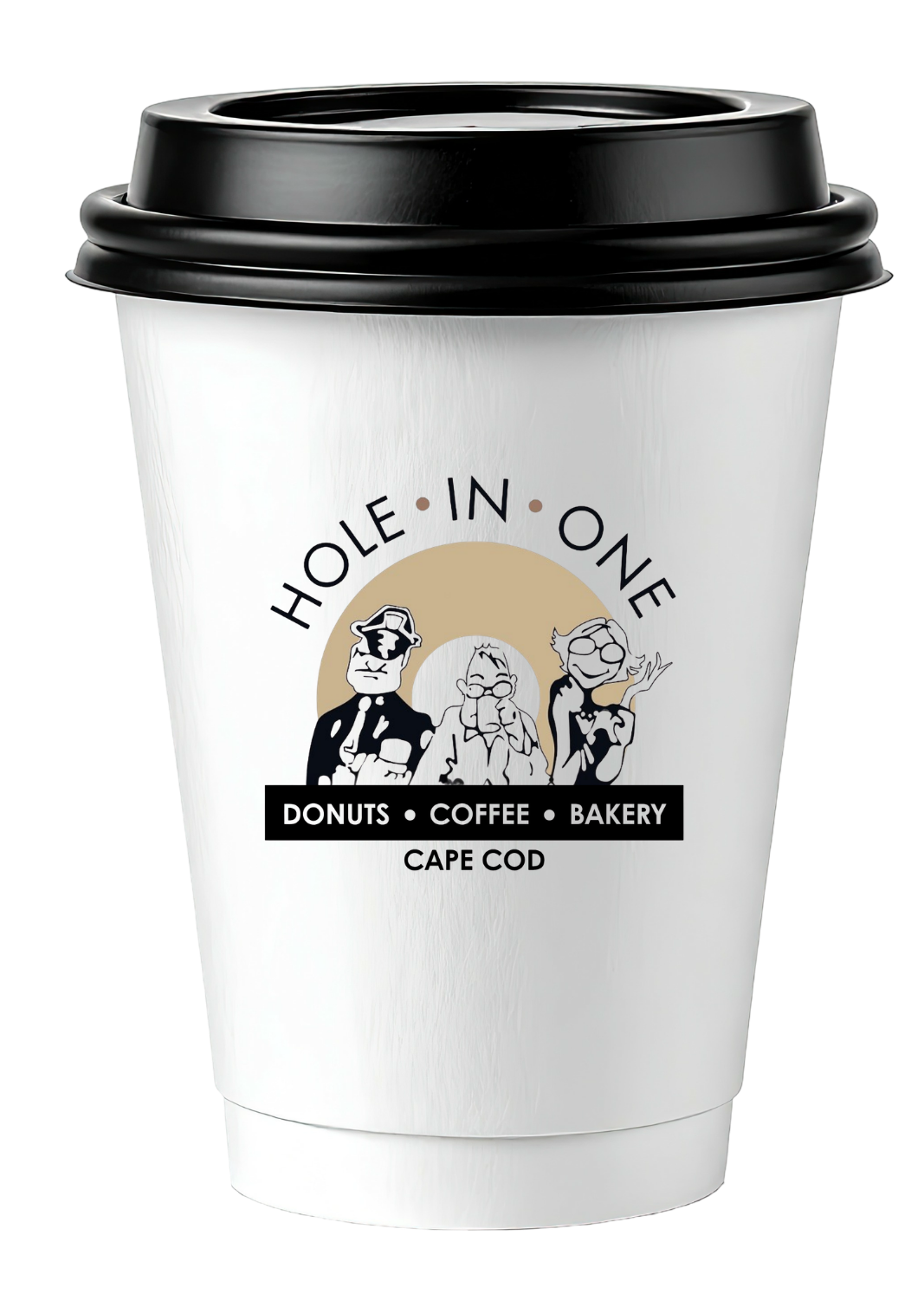 White coffee cup with black lid, labeled “Hole in One” for Donut’s Coffee & Bakery cafe.