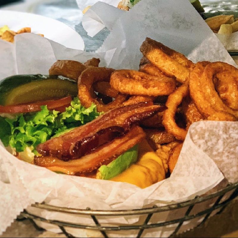 onion rings with a burger