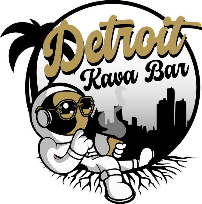 Detroit Kava Bar logo with a cartoon astronaut lounging in a black-and-gold circular emblem